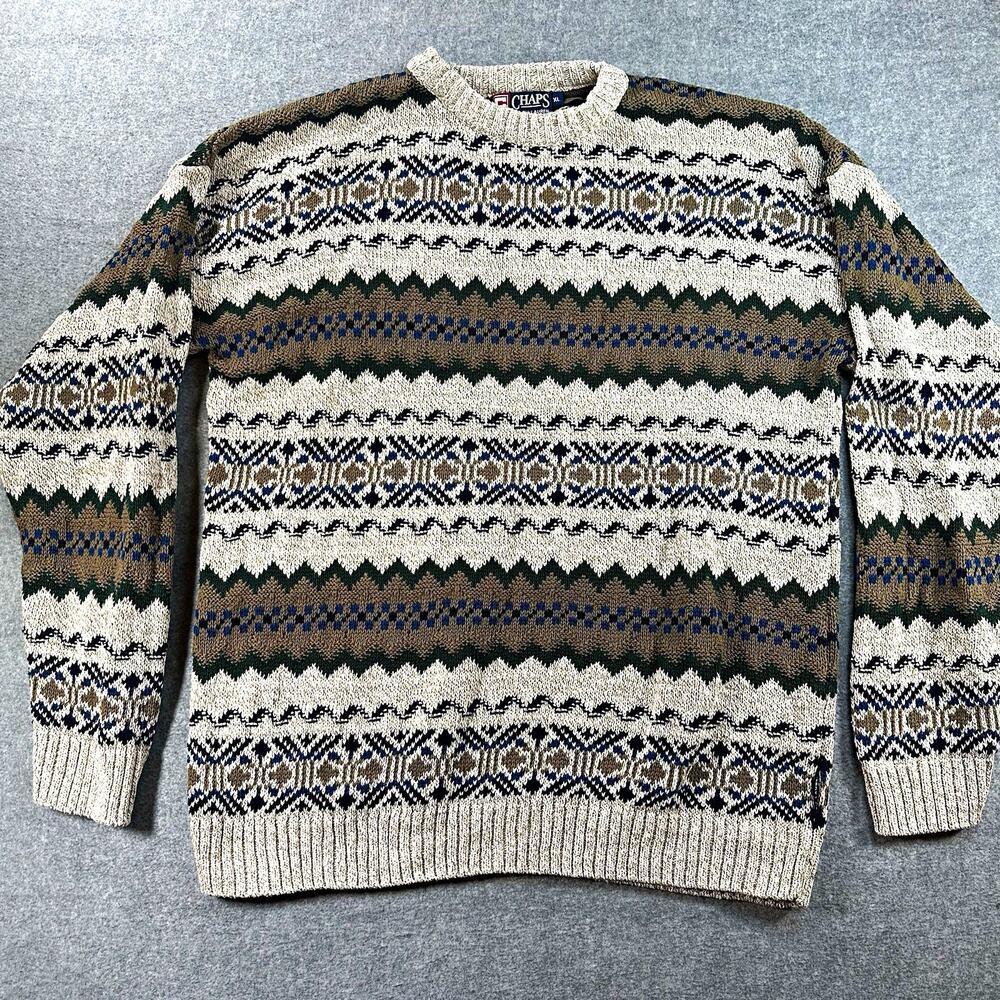 Vintage 90s Chaps Ralph Lauren Sweater XL Fair Isle 100% Cotton USA Made